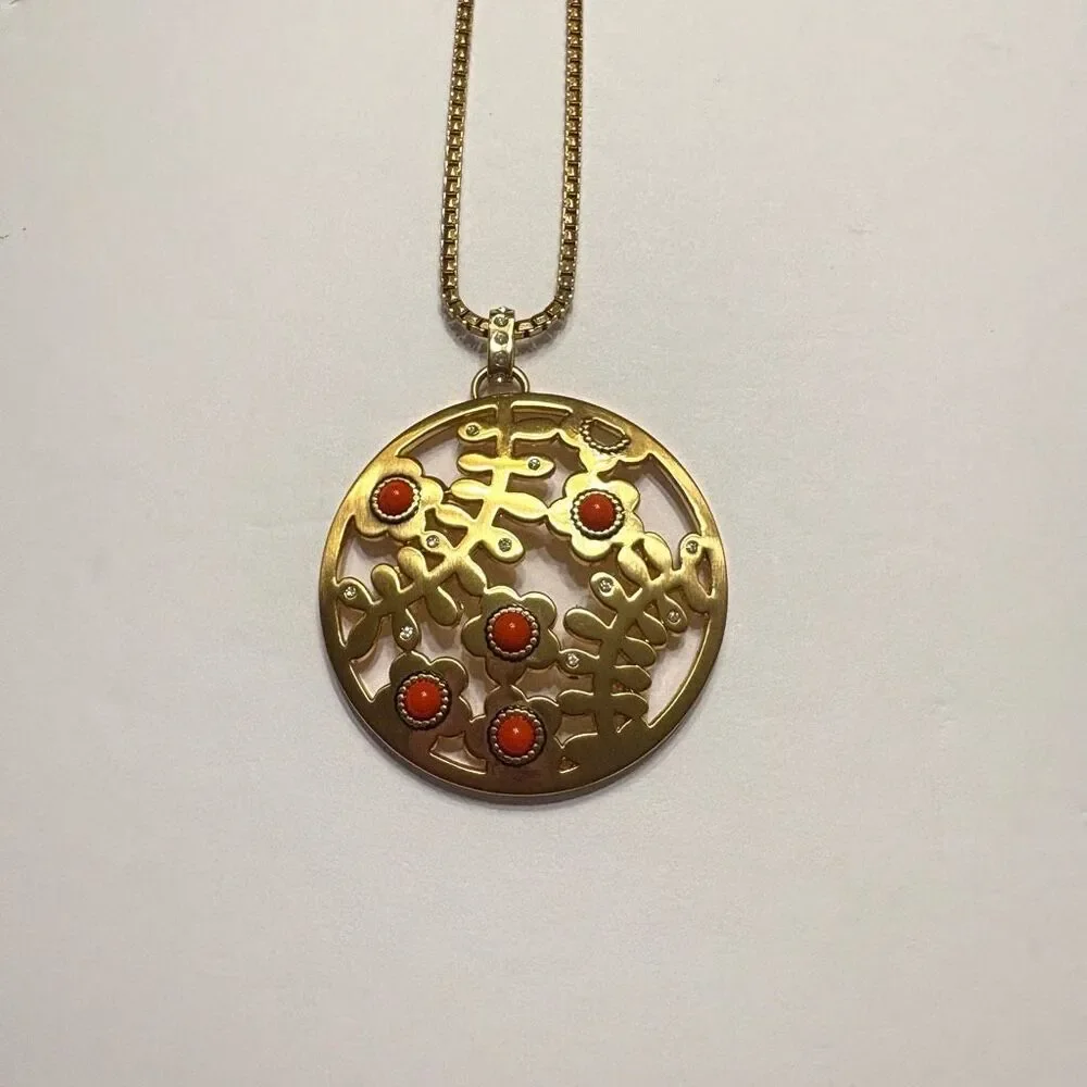 Brighton “Francesca” Brushed Gold Necklace Gold Coral Red Round Pendant Chain